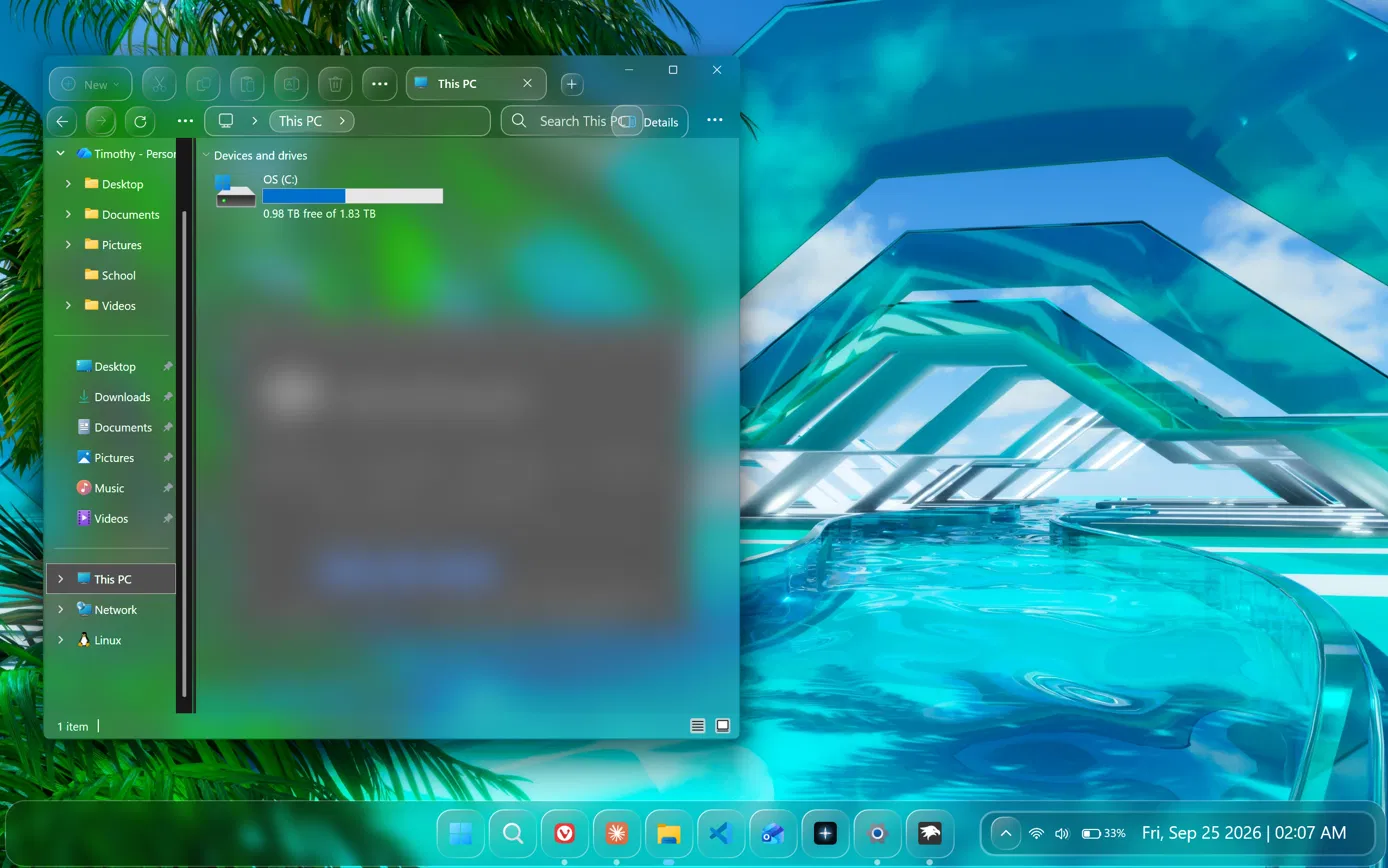 Frutiger Aero Windows 11 File Explorer with acrylic glass effect