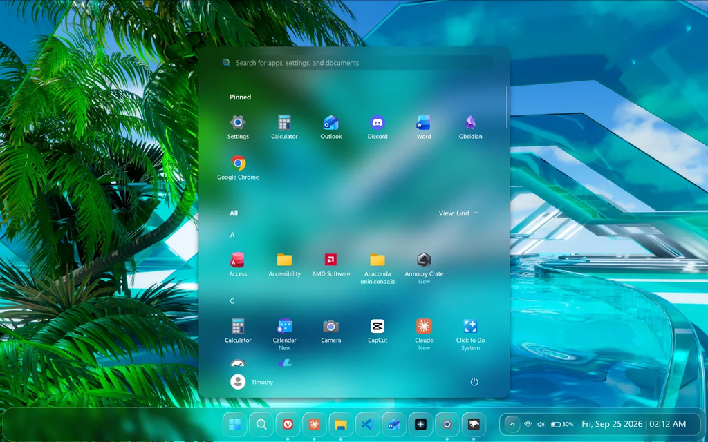 Frutiger Aero Windows 11 translucent Start menu