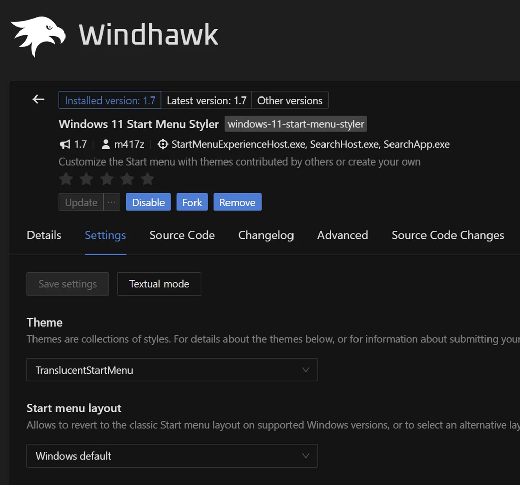 Windows 11 Start Menu Styler TranslucentStartMenu theme setting