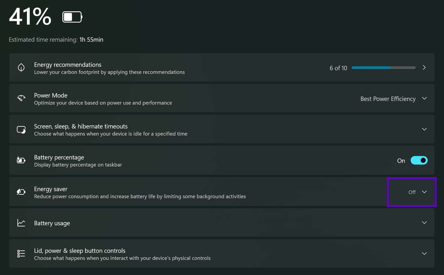 Windows 11 Energy saver setting that disables Windhawk translucent effects