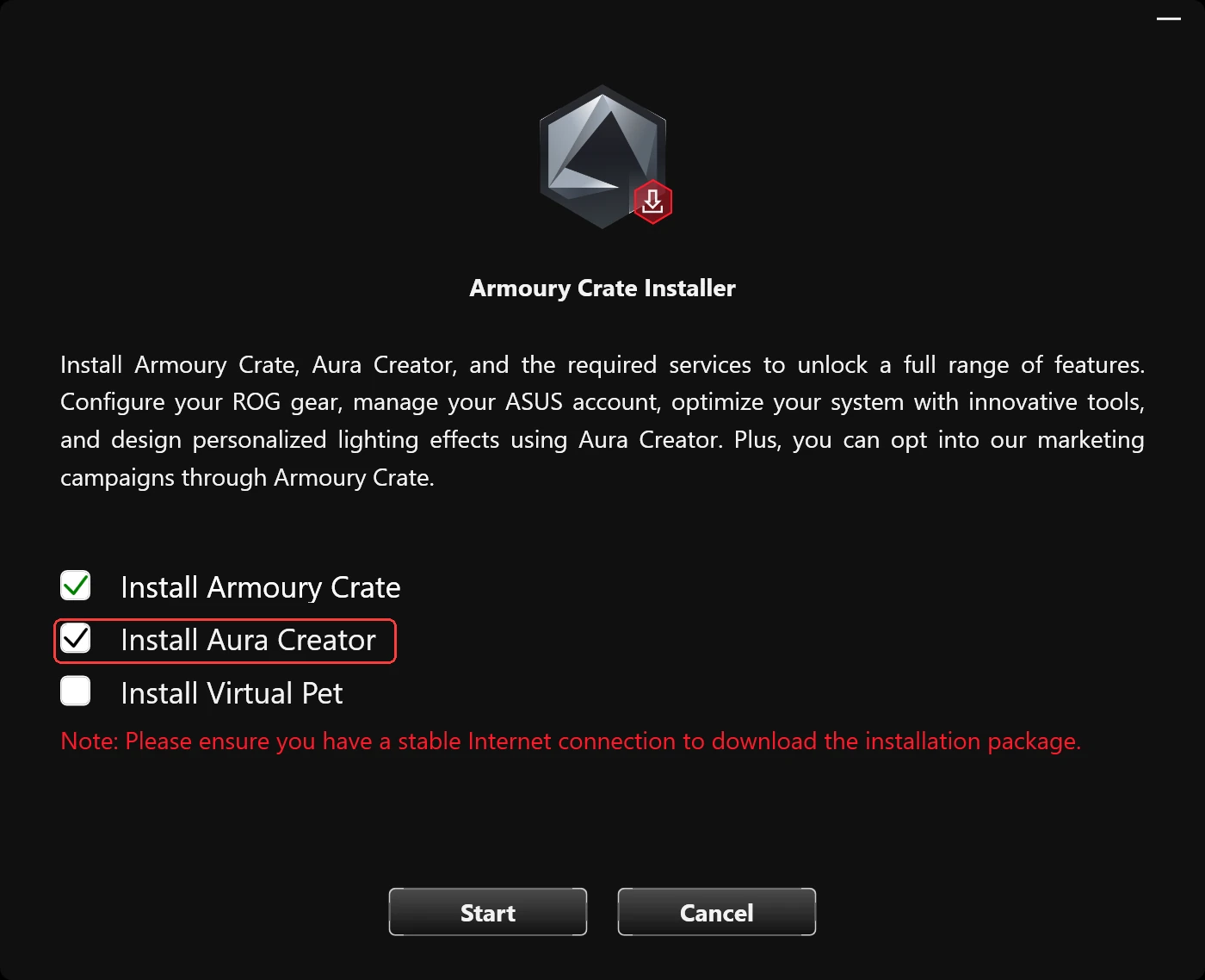 armoury crate download installer options with Aura Creator checked