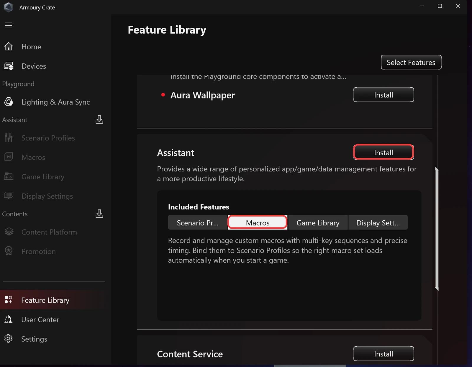 Armoury Crate Feature Library Assistant package with Macros