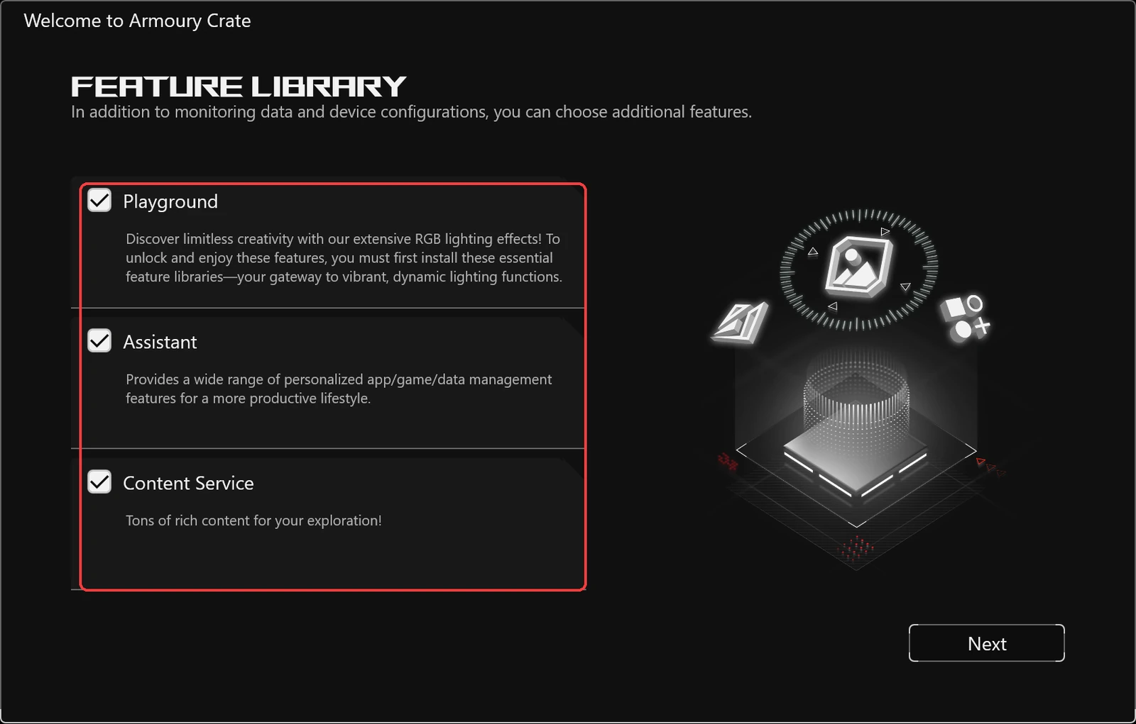 Armoury Crate Feature Library first run with all 3 packs pre-checked