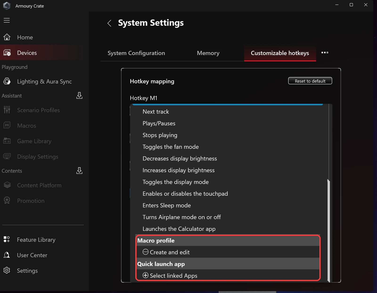Armoury Crate hotkey Macro profile and Quick launch app options