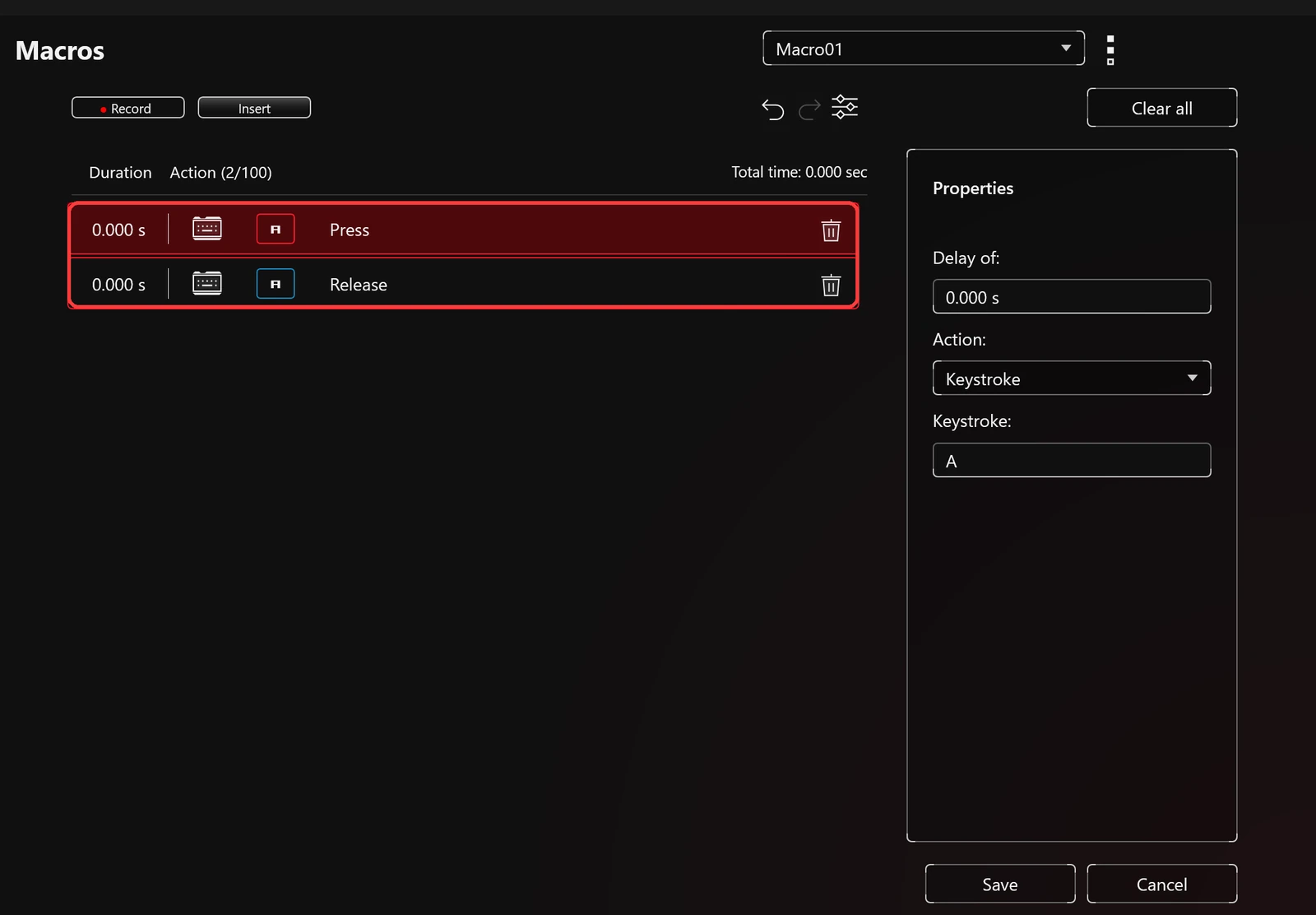 Armoury Crate Macros keystroke editor Press and Release