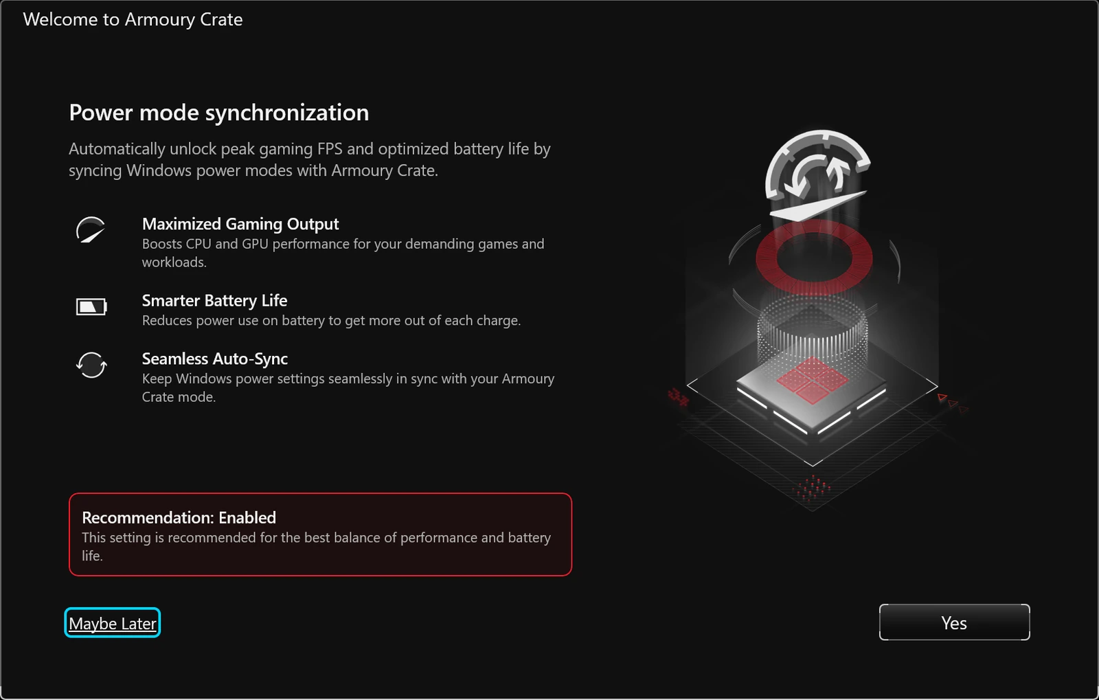 Armoury Crate power mode synchronization prompt after install