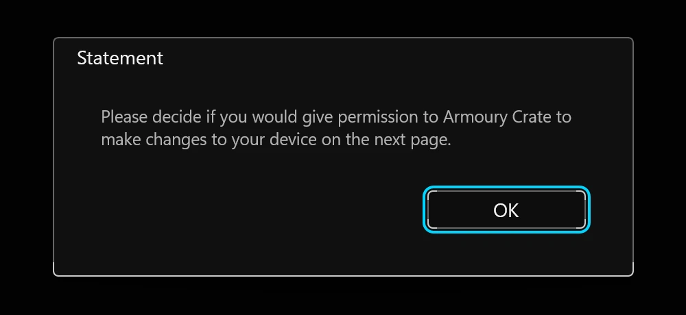 Armoury Crate Statement permission dialog before Service Error