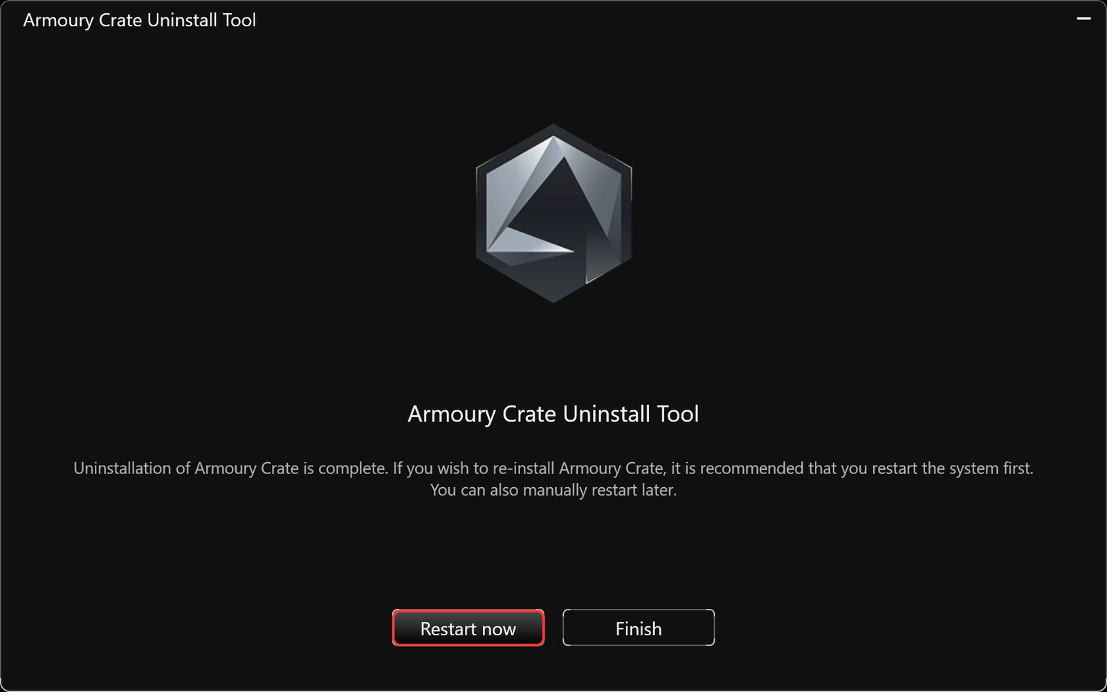 Armoury Crate Uninstall Tool complete with Restart now button