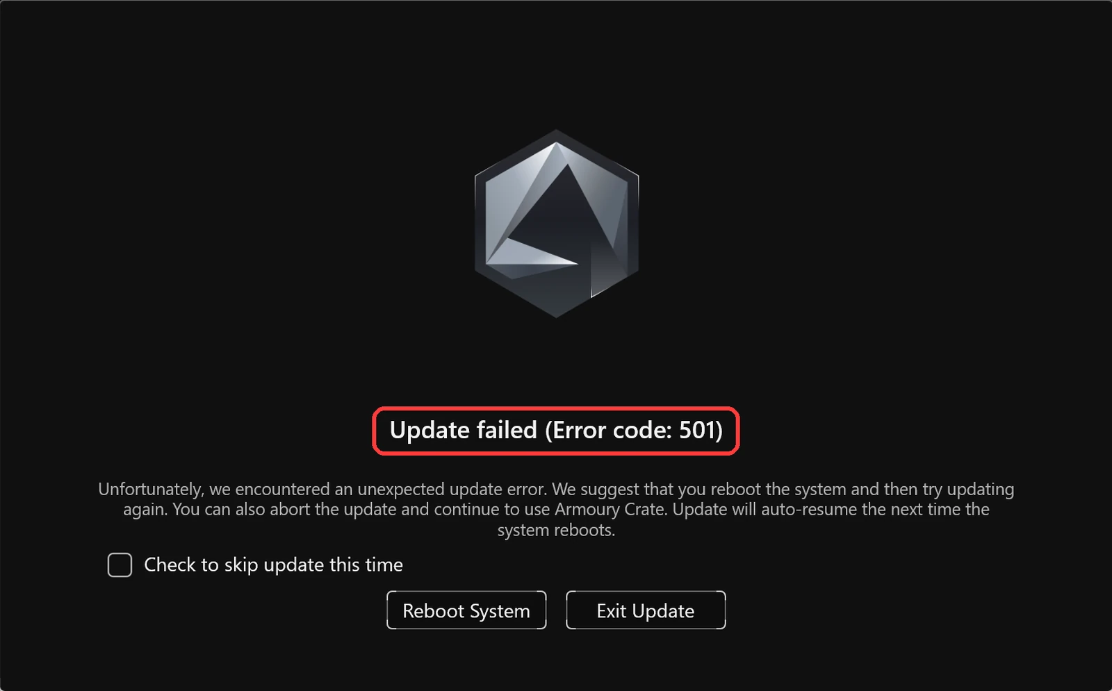 Armoury Crate update failed error code 501
