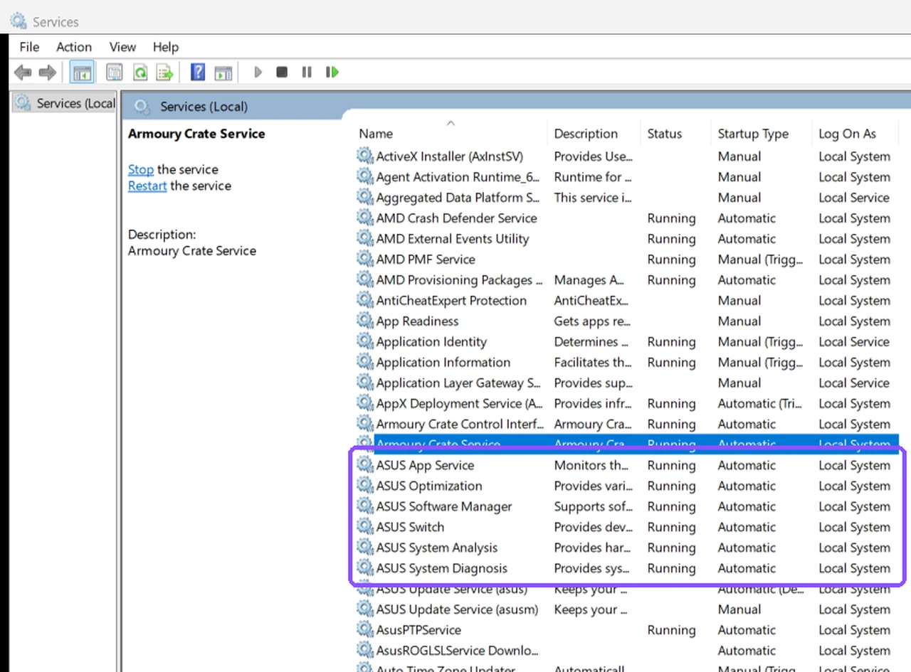 asus system control interface services in Windows Services