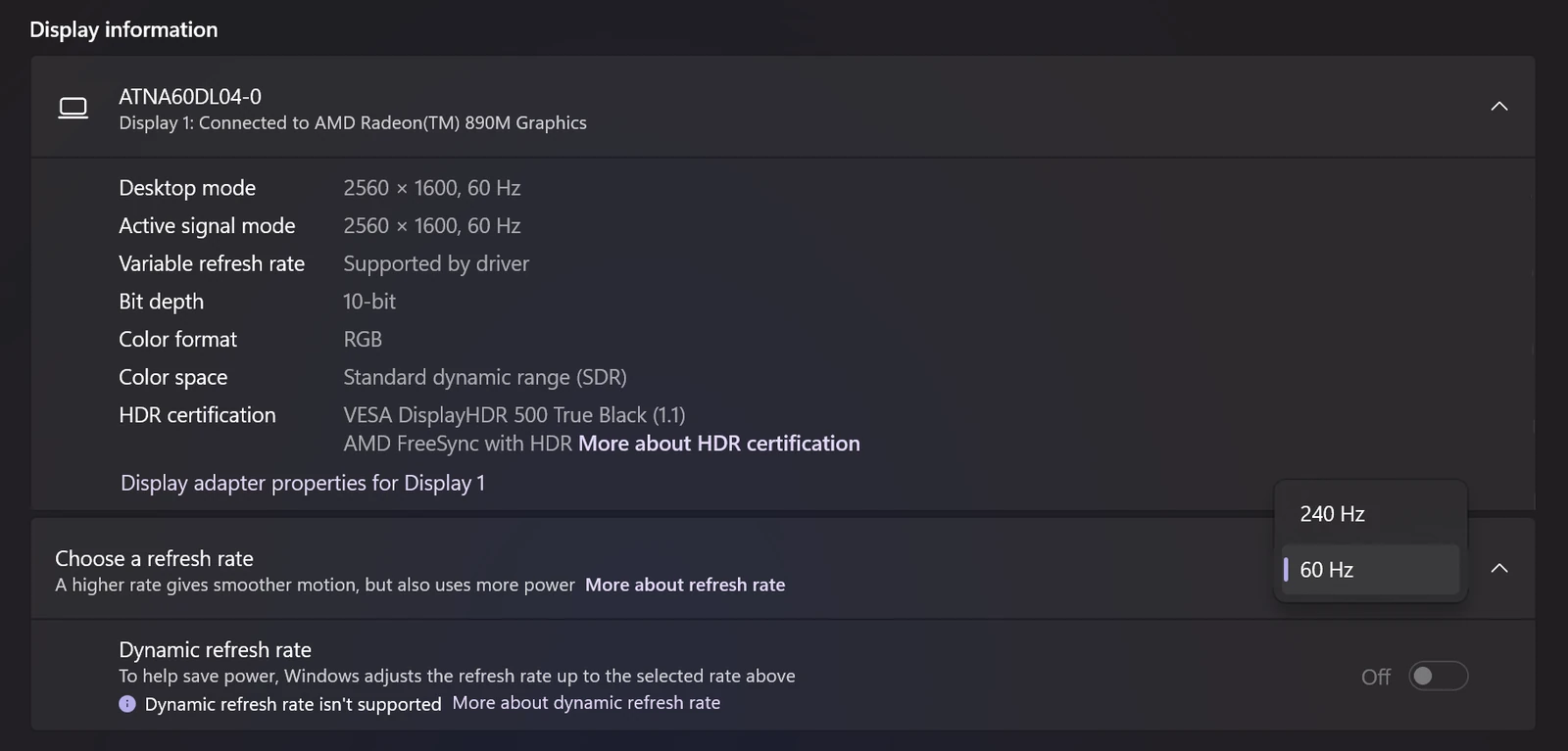 Choose a refresh rate dropdown with 240 Hz and 60 Hz