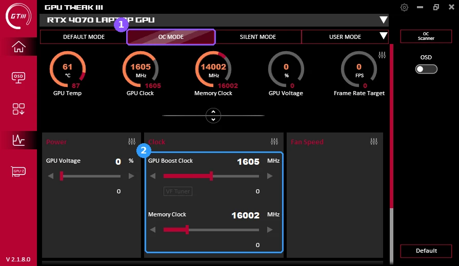GPU Tweak III OC Mode on a laptop showing a 0 MHz clock offset