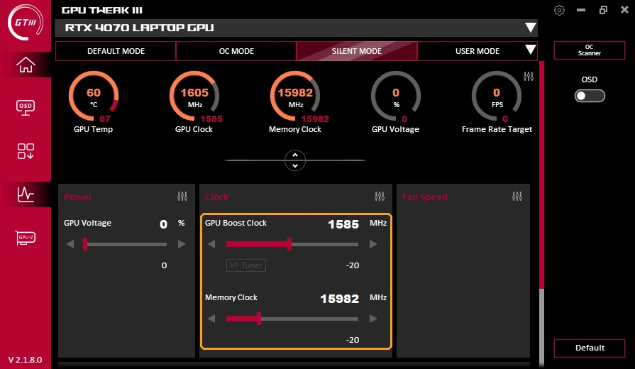 GPU Tweak III Silent Mode lowering the laptop GPU clock by 20 MHz