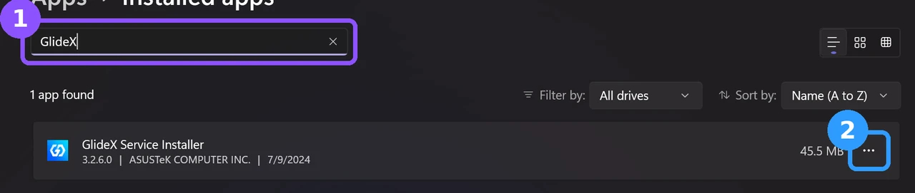 asus glidex service installer in Windows installed apps