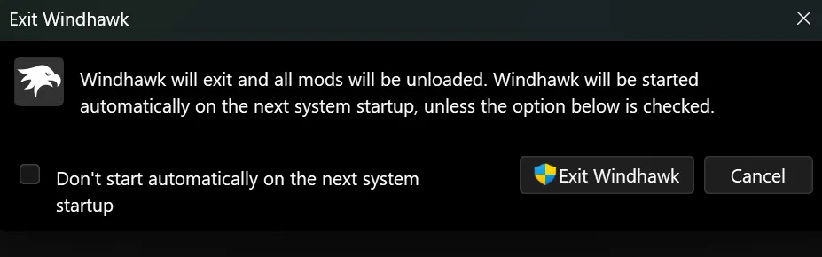 Exit Windhawk dialog with startup checkbox