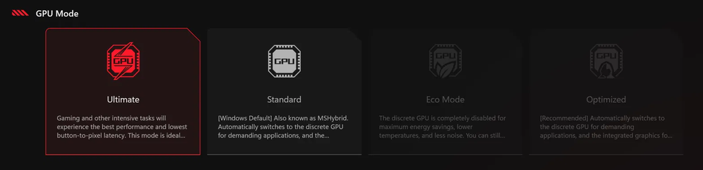armoury crate ultimate mode selected with Eco and Optimized grayed out
