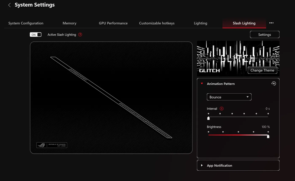 asus slash lighting settings tab in Armoury Crate