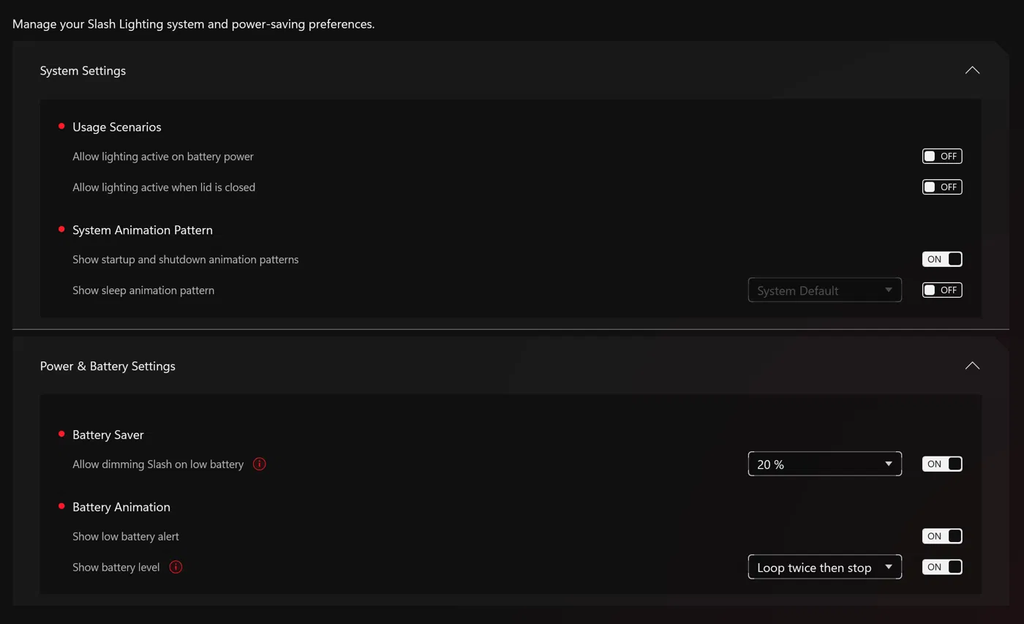 ASUS Slash Lighting settings allow lighting active on battery power off by default