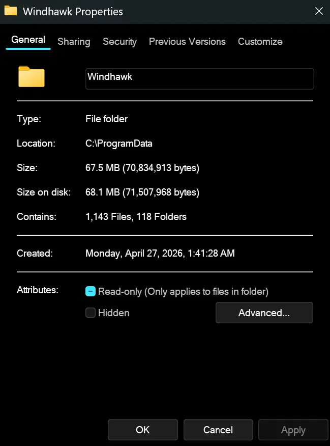 ProgramData Windhawk folder still 67.5 MB after uninstall