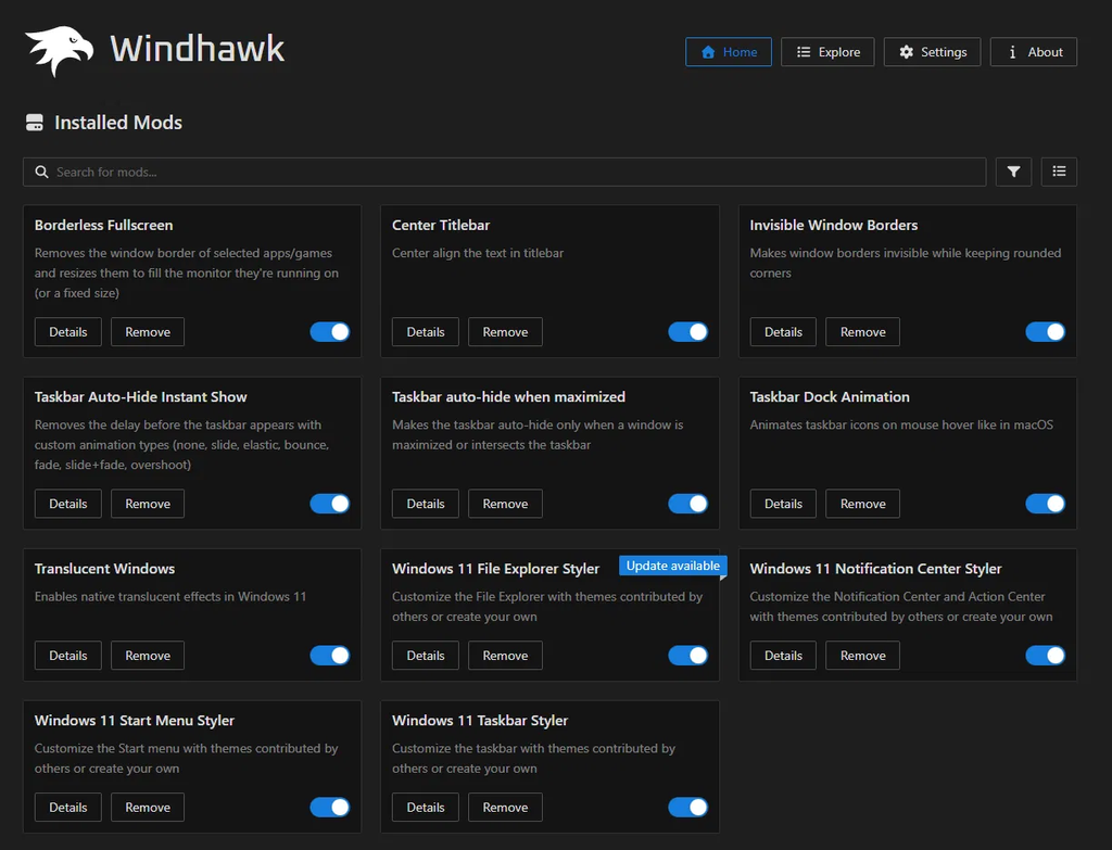 Windhawk mods restored automatically after reinstall