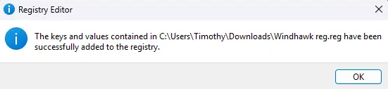 Windhawk registry backup restored successfully