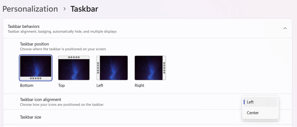 Windows 11 taskbar icon alignment set to left for the XP look