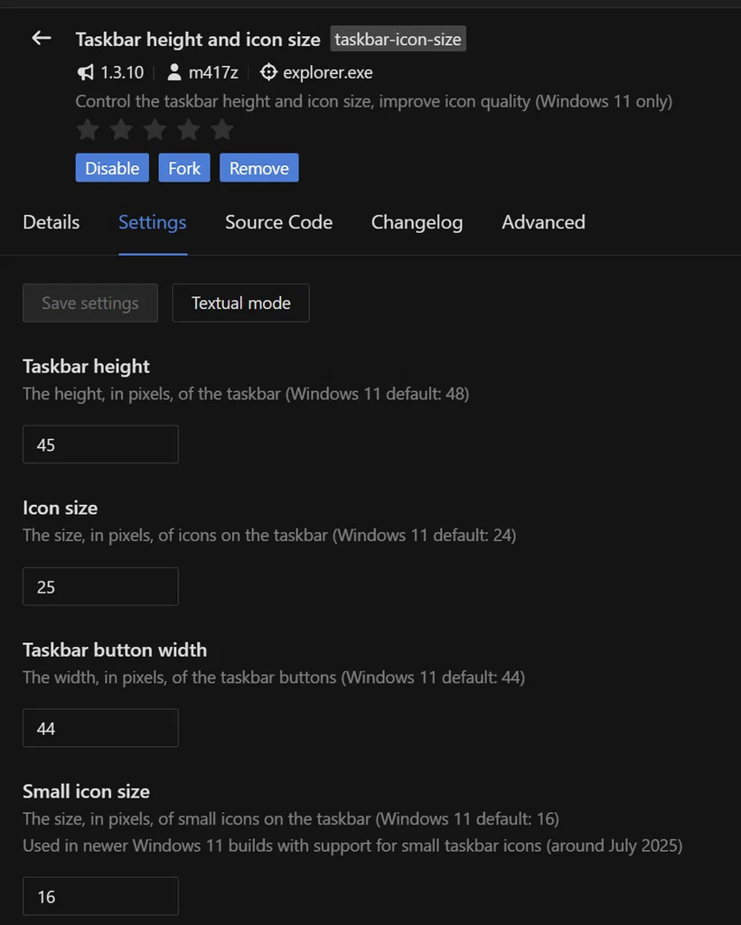 Windhawk Taskbar height and icon size settings for a Windows XP taskbar
