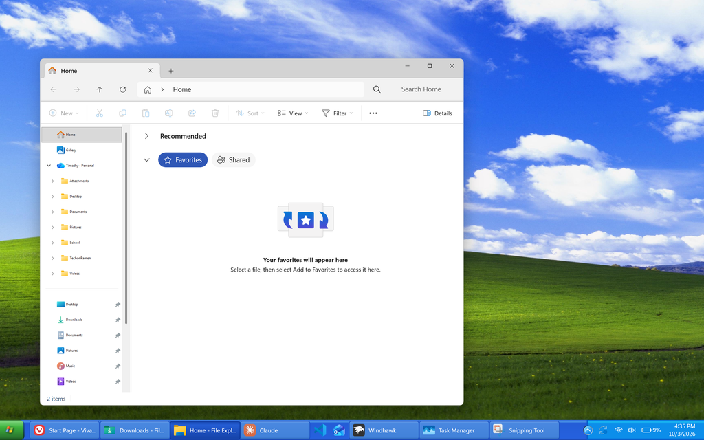 Stock Windows 11 File Explorer with a Windows XP taskbar