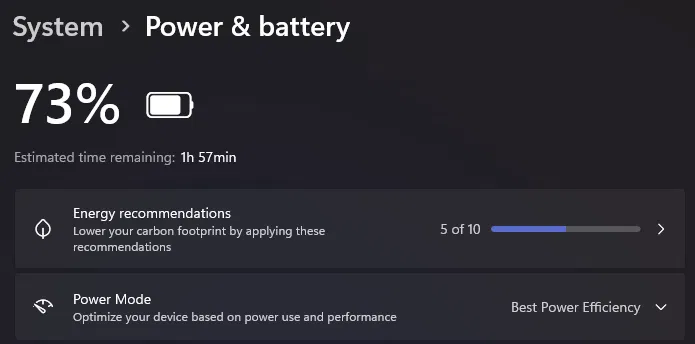 Windows Power Mode set to Best Power Efficiency by Armoury Crate Silent mode