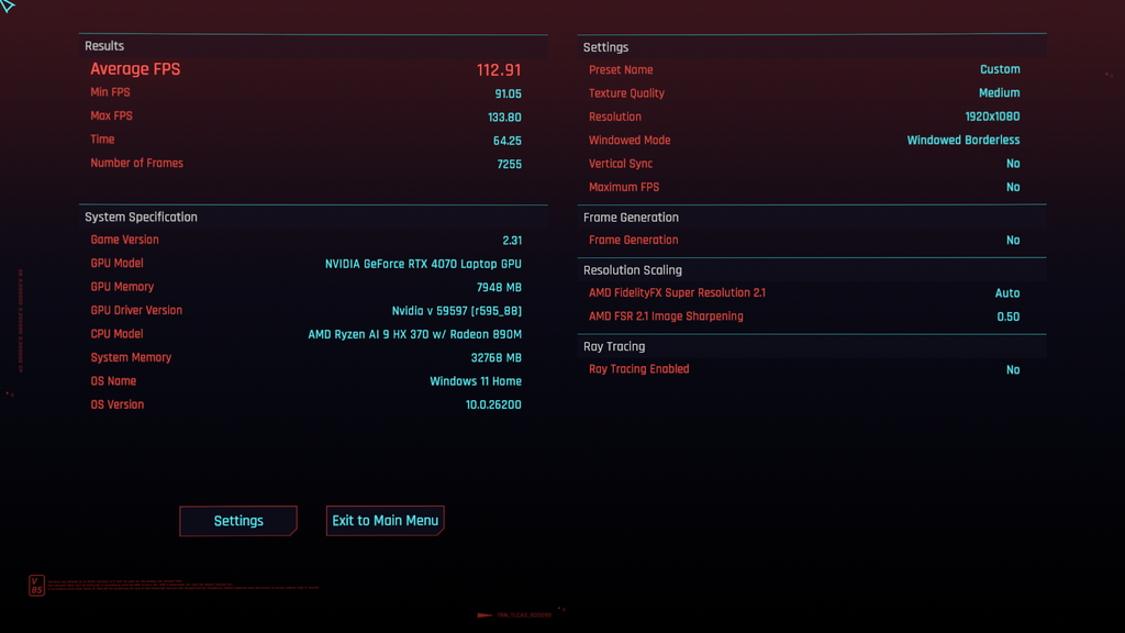 Armoury Crate Performance mode Cyberpunk 2077 benchmark result