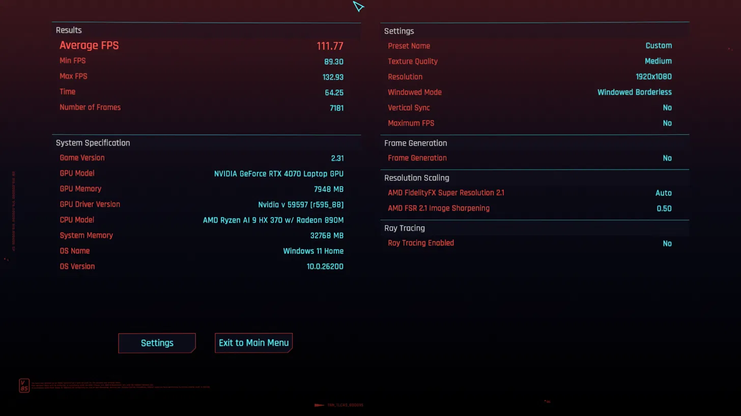Armoury Crate Turbo mode Cyberpunk 2077 benchmark result