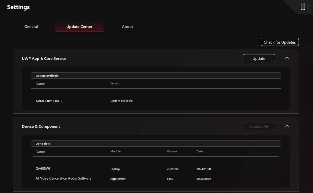 Armoury Crate Update Center with an update available under UWP App and Core Service