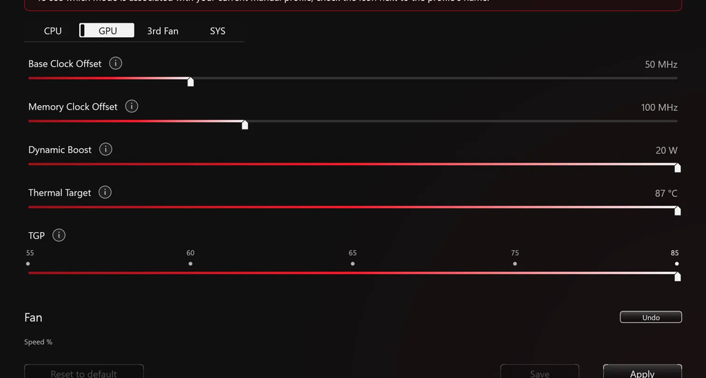 Armoury Crate Manual Mode GPU tab sliders on a Zephyrus G16