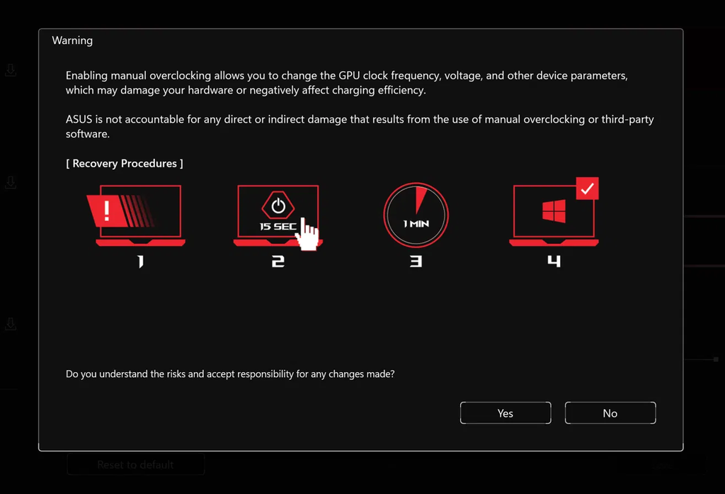 Armoury Crate manual overclocking warning before enabling Manual mode