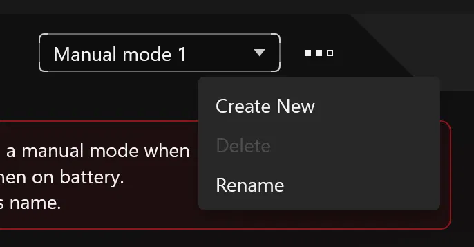 Armoury Crate Manual mode profile menu with Create New and Rename