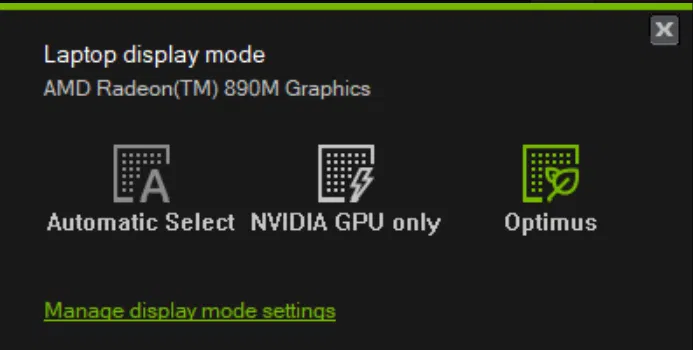 NVIDIA Laptop display mode set to Optimus for Armoury Crate Eco mode