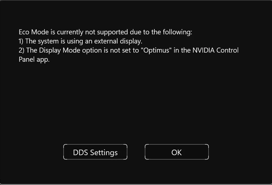 Armoury Crate Eco Mode is currently not supported dialog