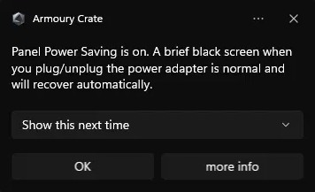 Armoury Crate Panel Power Saver notification while the display stays at 240 Hz