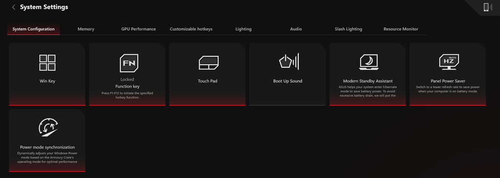 asus armoury crate best settings System Configuration Power mode synchronization tile