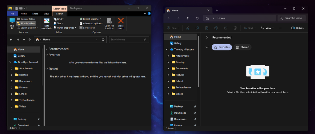 Windows 10 ribbon File Explorer beside the Windows 11 File Explorer on 26H2