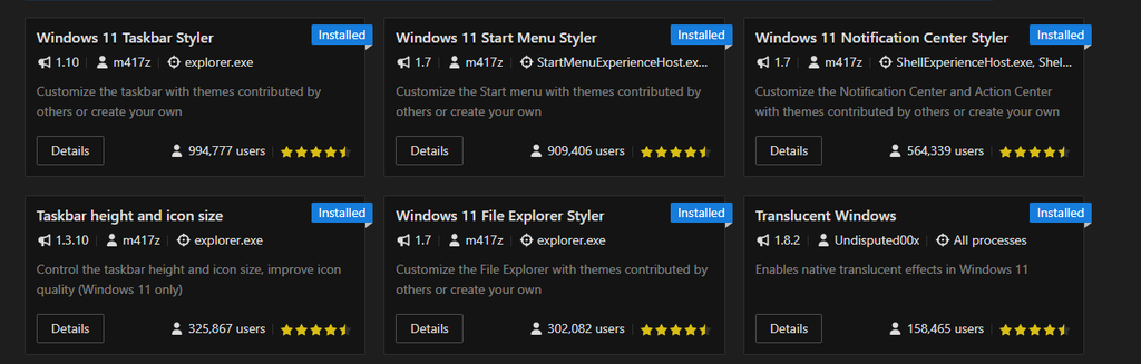 Windhawk mod user counts and ratings for Taskbar Styler and Start Menu Styler