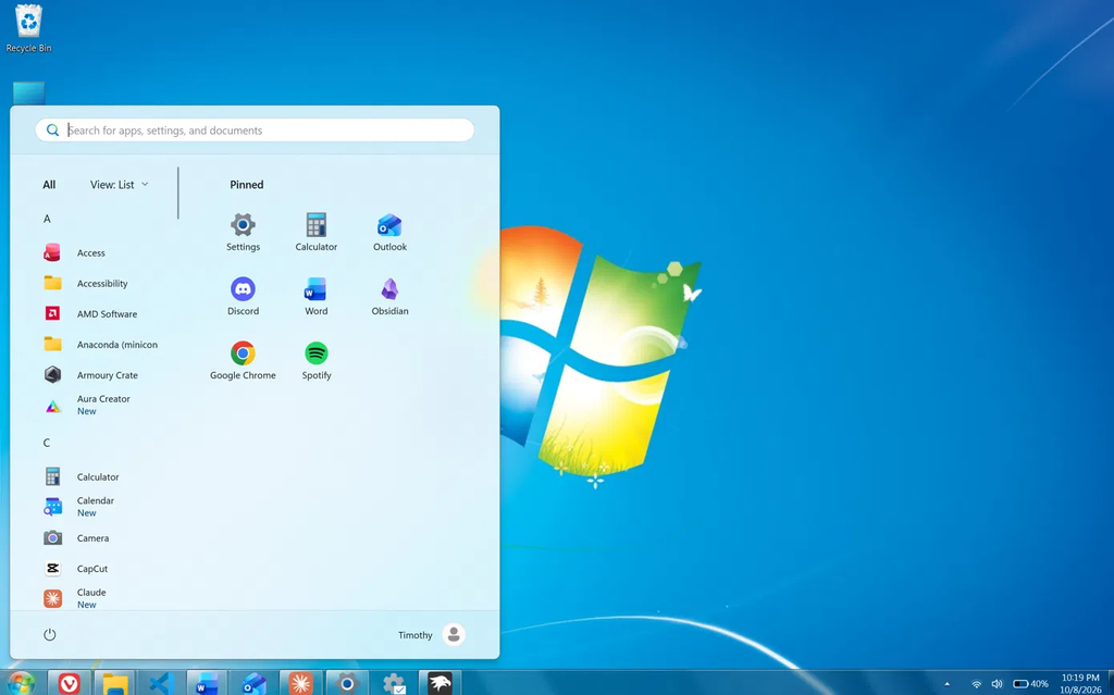 Windows 11 Start Menu Styler SideBySide2 theme as a Windows 7 style Start menu