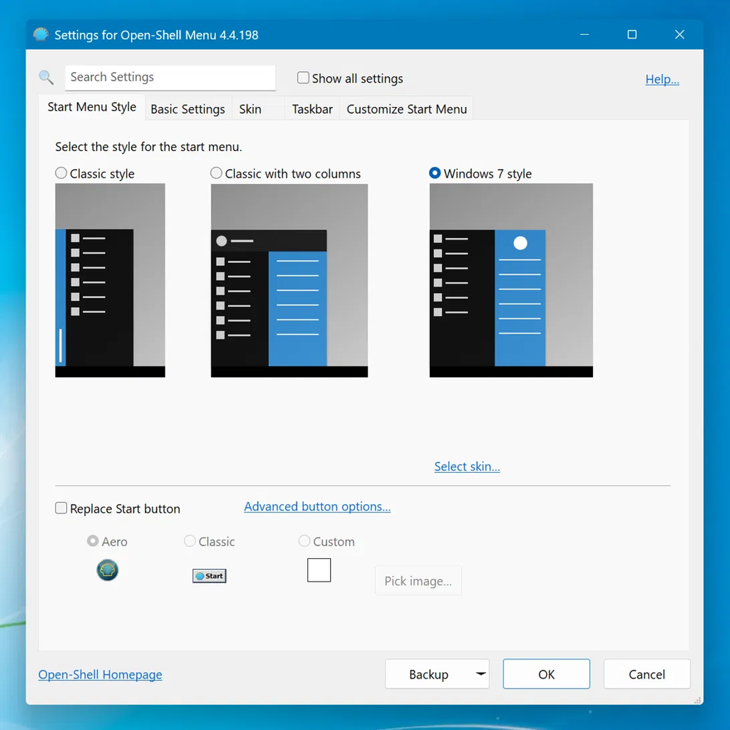 Open-Shell Windows Aero skin settings for a Windows 7 Start menu on Windows 11