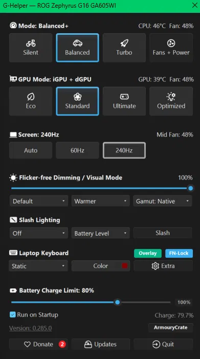 G-Helper overlay badge turned on in the Laptop Keyboard row