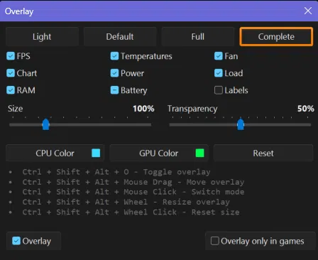 G-Helper overlay settings window showing the Light, Default, Full and Complete modes