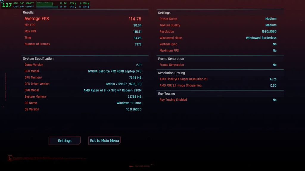 G-Helper FPS overlay benchmark result in Cyberpunk 2077
