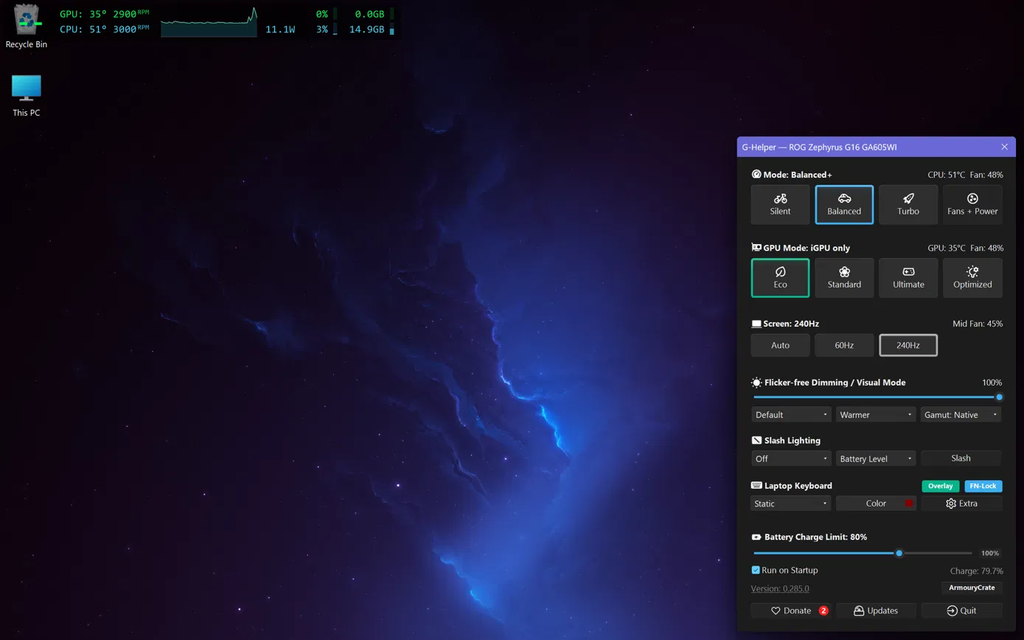 G-Helper overlay in Eco mode with the dedicated GPU off