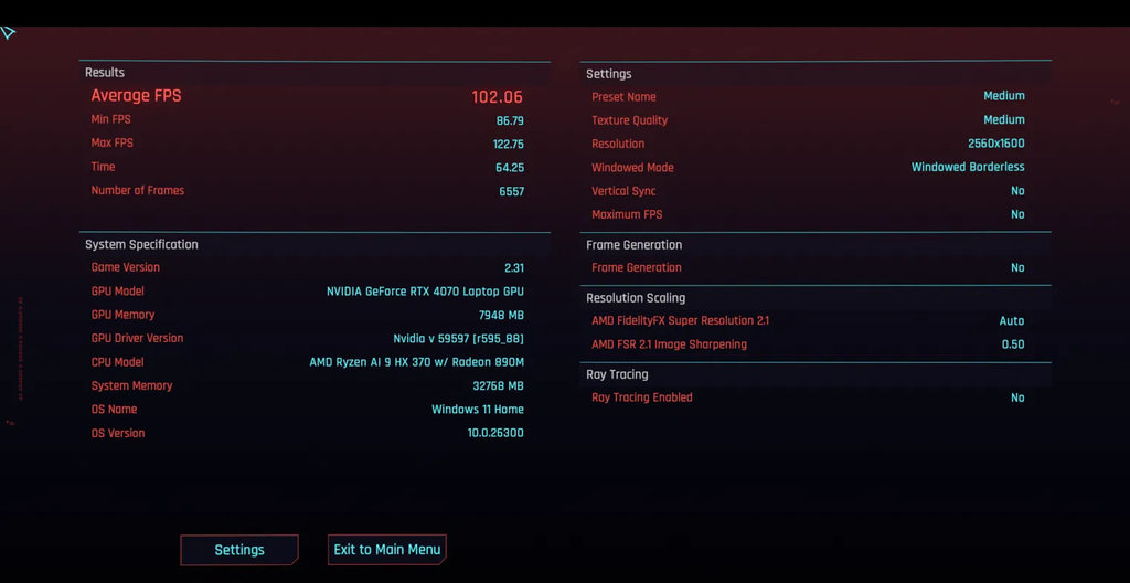 Armoury Crate Standard GPU mode Cyberpunk 2077 benchmark result