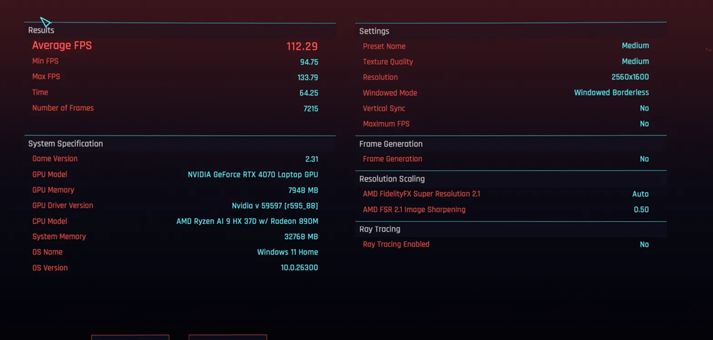 Armoury Crate GPU mode Ultimate Cyberpunk 2077 benchmark result