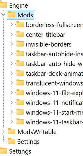 Windhawk registry key with one entry per installed mod